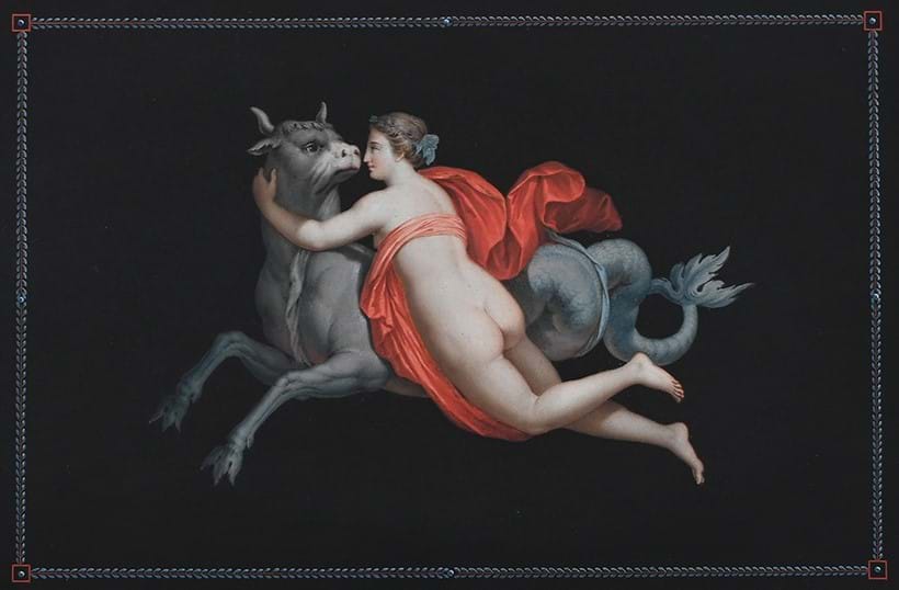 Inline Image - Lot 1057: Attributed To Michelangelo Maestri (Italian Active Circa 1779-1812), ‘Five Classical Scenes Aftr Herculaneum Frescos’, Gouache over etched outline, with blue was borders | Est. £500-800 (+ fees)