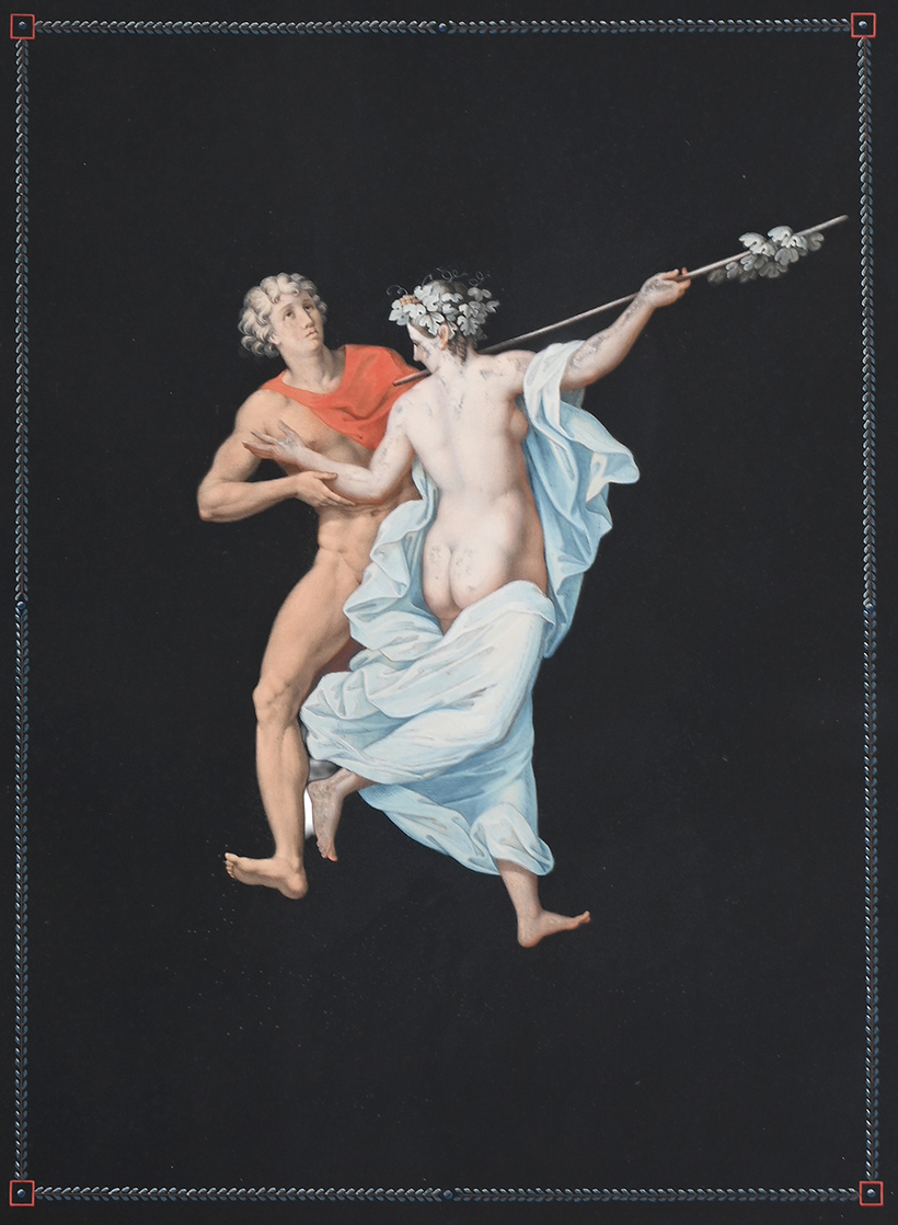 Inline Image - Lot 1057: Attributed To Michelangelo Maestri (Italian Active Circa 1779-1812), ‘Five Classical Scenes Aftr Herculaneum Frescos’, Gouache over etched outline, with blue was borders | Est. £500-800 (+ fees)