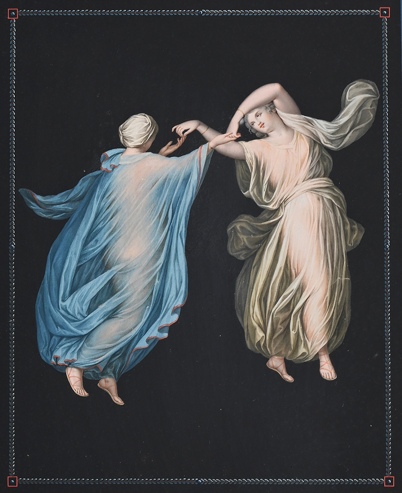 Inline Image - Lot 1057: Attributed To Michelangelo Maestri (Italian Active Circa 1779-1812), ‘Five Classical Scenes Aftr Herculaneum Frescos’, Gouache over etched outline, with blue was borders | Est. £500-800 (+ fees)