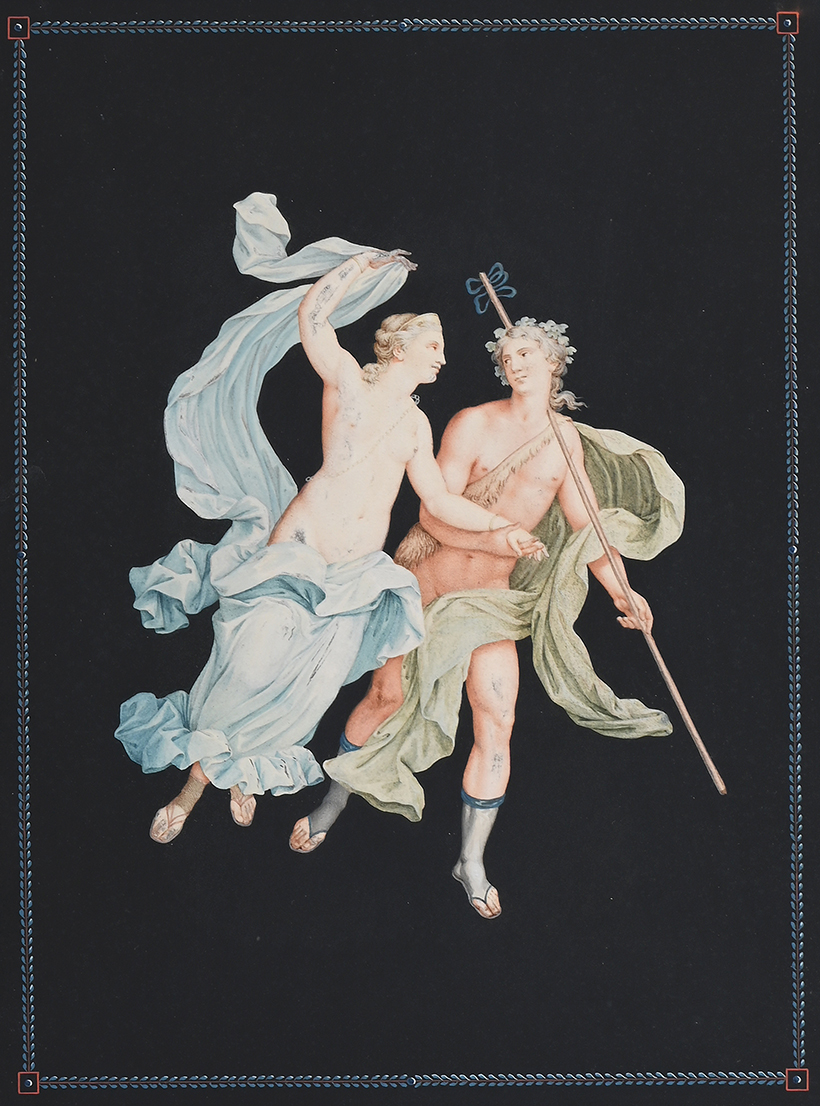 Inline Image - Lot 1057: Attributed To Michelangelo Maestri (Italian Active Circa 1779-1812), ‘Five Classical Scenes Aftr Herculaneum Frescos’, Gouache over etched outline, with blue was borders | Est. £500-800 (+ fees)