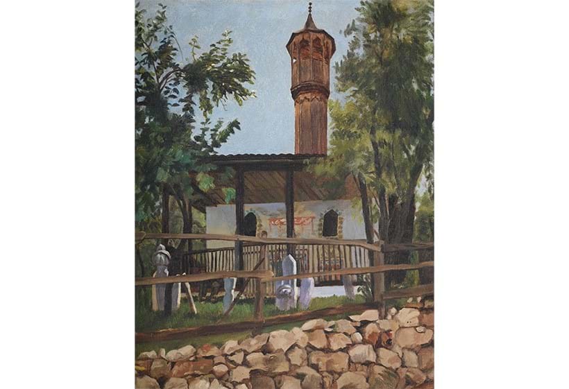 Inline Image - Lot 53: Hilda Carline (British 1889-1950), Wooden Minaret, Sarajevo, Bosnia, oil on canvas | Est. £1,000-1,500 (+ fees)