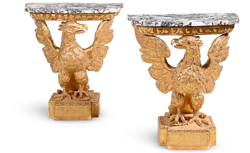 Inline Image - Lot 83: A fine pair of George II giltwood and Breche Violette marble console tables, in the manner of William Kent, circa 1735-1740 | Est. £20,000-40,000 (+ fees)