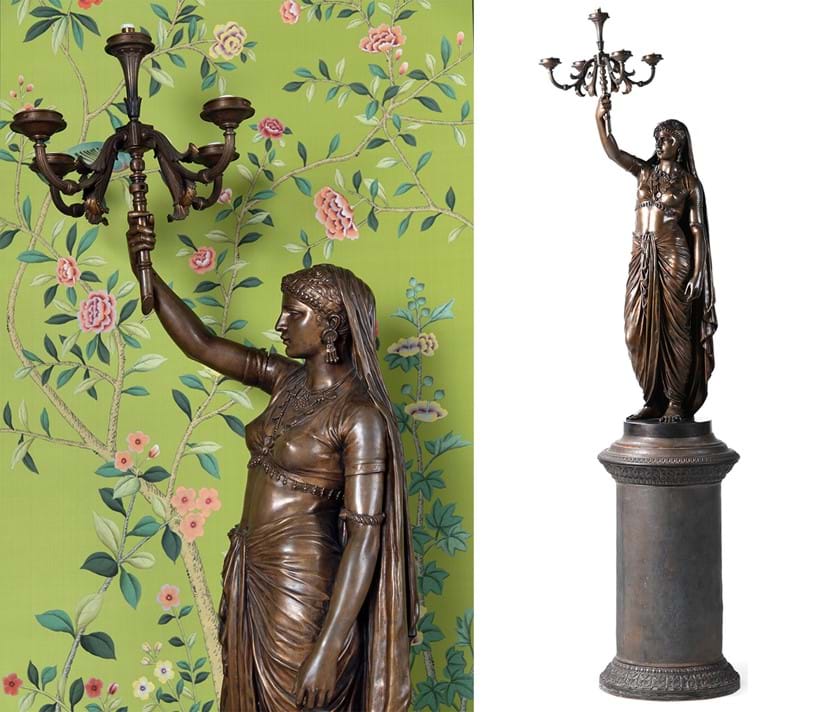 Inline Image - Lot 606: A bronze figural light or torchere 'Femme Indienne', after Émile-Coriolan-Hippolytre Guillemin (1841-1907), cast by Barbadienne, circa 1886-1900 | Est. £2,000-4,000 (+ fees) | Lot 558: A set of four 'Erdem' Chinoiserie pattern panels hand painted on verde chiaro dyed silk, painted and framed by De Gournay | Est. £4,000-6,000 (+ fees)