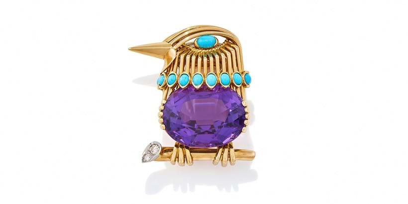 Inline Image - Lot 186: Cartier, an amethyst, turquoise and diamond bird brooch | Sold for £27,700