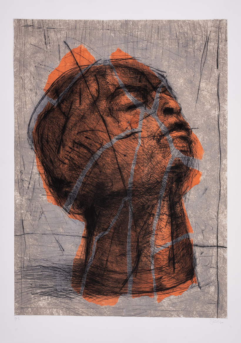 Inline Image - Lot 78: William Kentridge (b.1955), 'Head (Orange), Drypoint printed with tone extensively hand-coloured in acrylic, 1993 | Estimate £20,000-30,000 (+ fees)