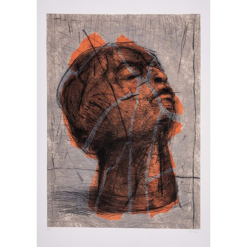 Inline Image - Lot 78: William Kentridge (b.1955), 'Head (Orange), Drypoint printed with tone extensively hand-coloured in acrylic, 1993 | Estimate £20,000-30,000 (+ fees)