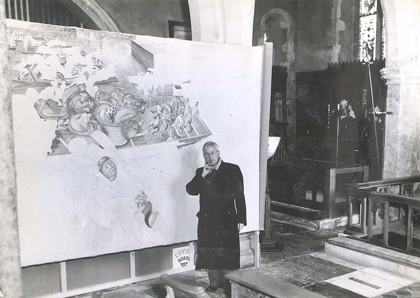 Inline Image - Photograph of Stanley Spencer painting Christ Preaching at Cookham Regatta (Stanley Spencer Gallery archive)