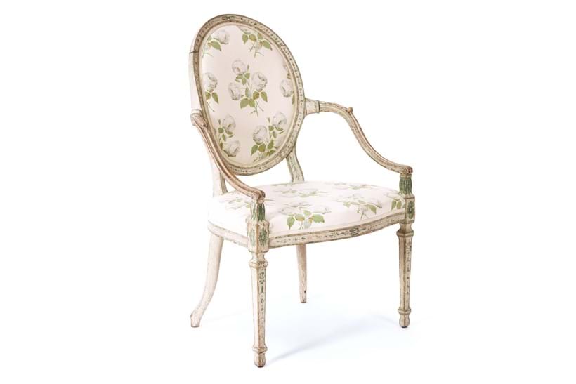 Inline Image - A George III green and cream painted open armchair in the manner of Gillows, late 18th century | Est. £600-1,000 (+ fees)
