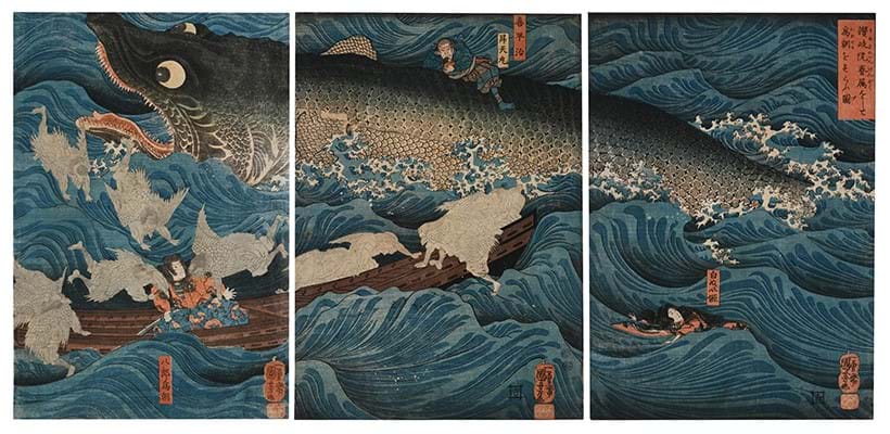 Inline Image - Lot 33: Utagawa Kuniyoshi (1797-1861), The Former Emperor (Sutoku) from Sanuki Sends His Retainers to Rescue Tametomo (Sanuki no in kenzoku o shite Tametomo o sukuu zu), circa 1851-52 | Sold for £27,920