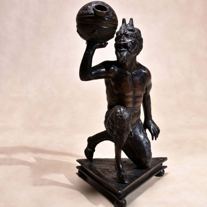 Inline Image - Attributed to Severo Calzetta da Ravenna (active circa 1496-+1543), Italian, Padua, A bronze model of a kneeling satyr mounted as an oil lamp; sold for £9,920