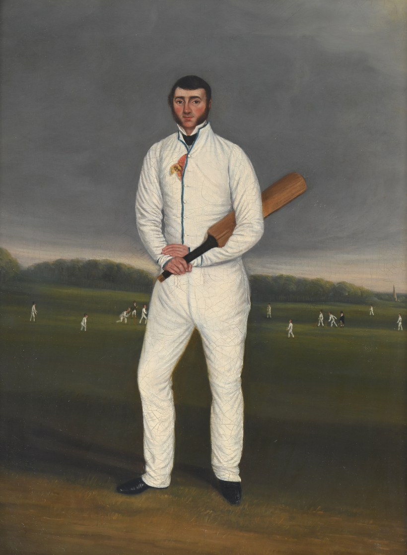Inline Image - Lot 27: English School (early 19th century), Portrait of a Cricketer, a Match Beyond, oil on canvas | Est. £1,000-1,500 (+ fees)