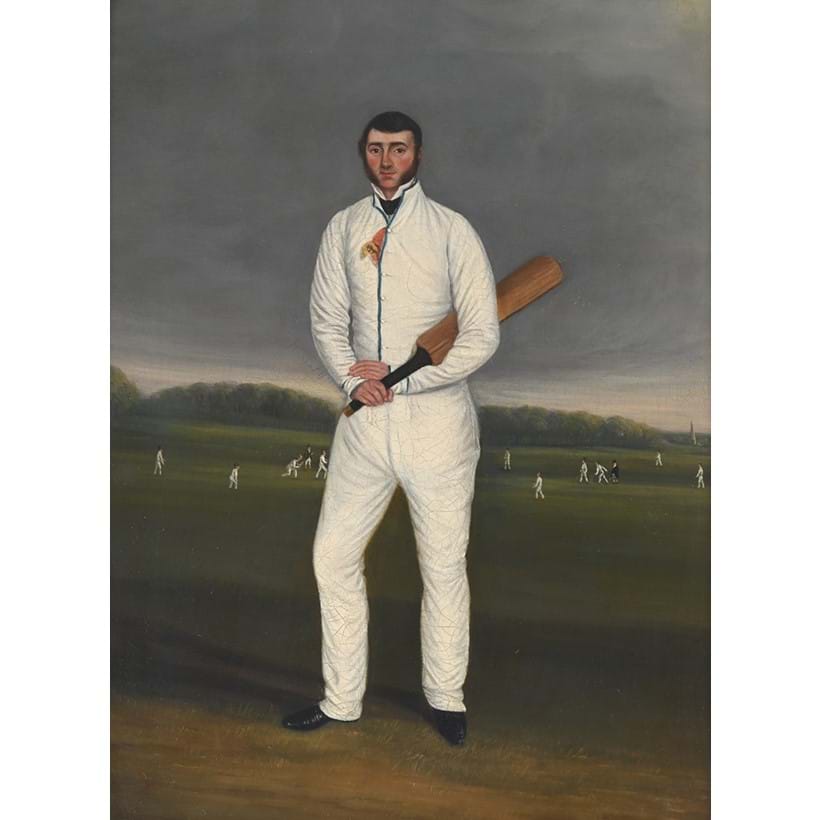 Inline Image - Lot 27: English School (early 19th century), Portrait of a Cricketer, a Match Beyond, oil on canvas | Est. £1,000-1,500 (+ fees)