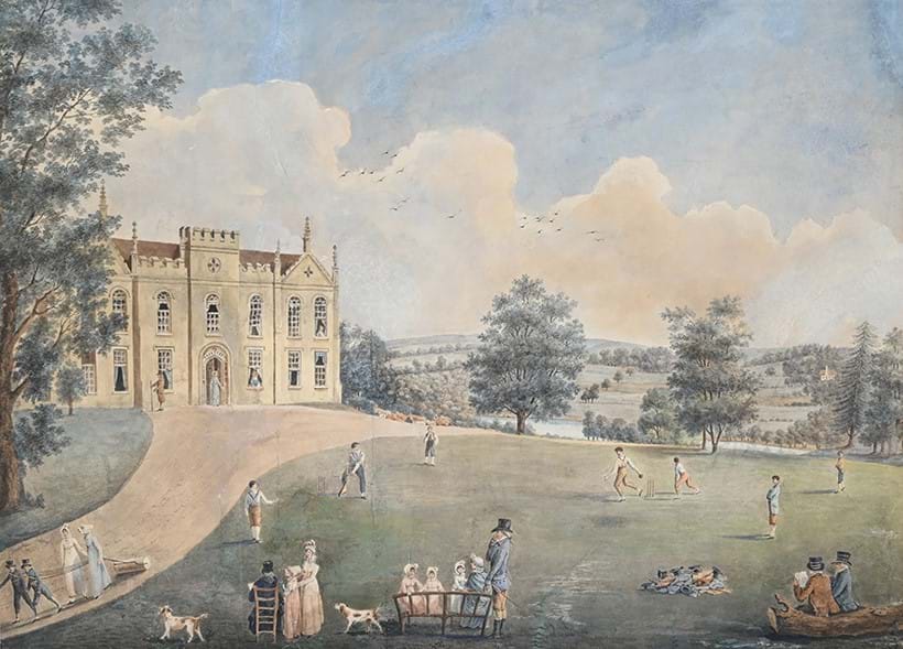 Inline Image - Lot 36: English School (early 19th century), Cricket at Sandleford Priory, Newbury, watercolour and bodycolour | Est. £600-800 (+ fees)