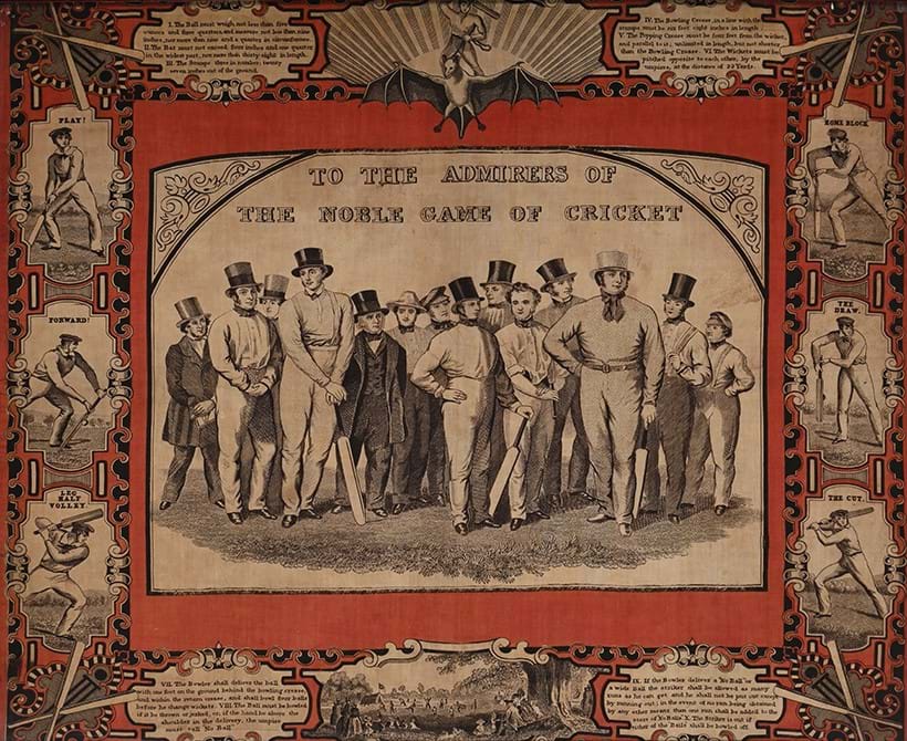 Inline Image - Lot 39: A Commemorative Handkerchief 'to the Admirers of the Noble Game of Cricket', red and black printed handkerchief | Est. £150-250 (+ fees)