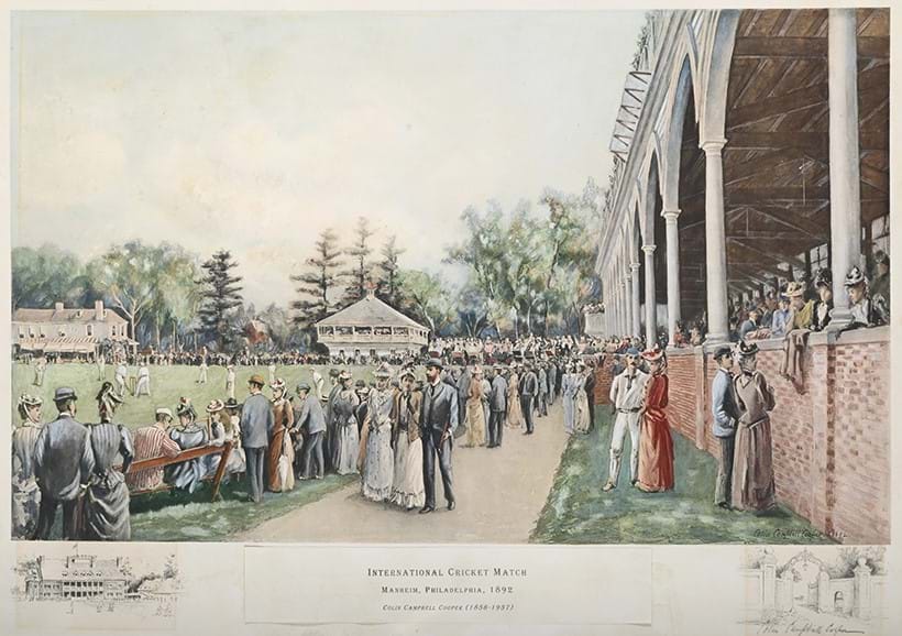 Inline Image - Lot 77: Colin Campbell Cooper (American 1856-1937), Germantown Cricket Club. An international Cricket Match, Manheim, Philadelphia, offset-lithograph printed in colours, 1892 | Est. £1,000-1,500 (+ fees)