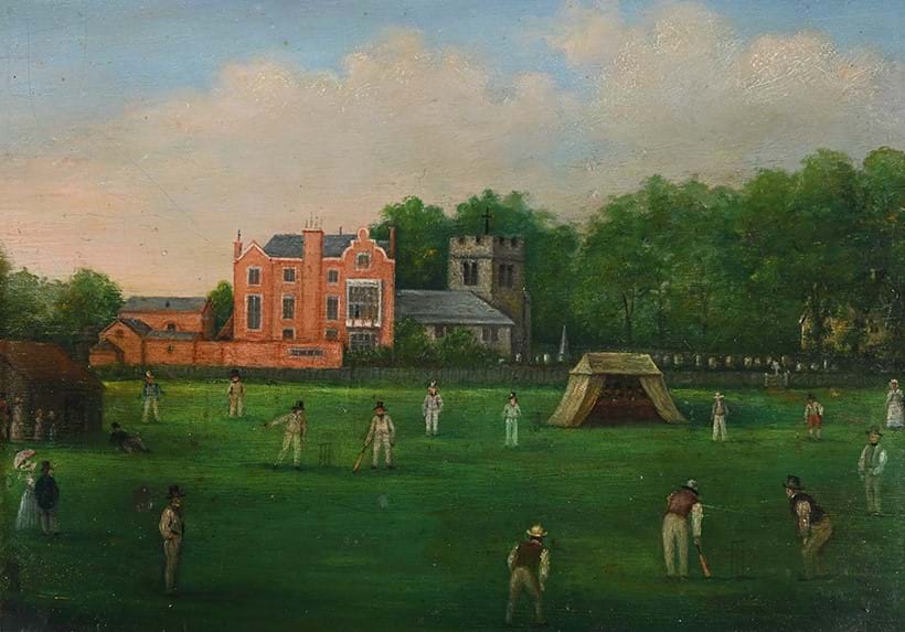 Inline Image - Lot 23: English School (19th century), A Cricket Match Before a Church and a Country House, oil on board | Est. £700-1,000 (+ fees)