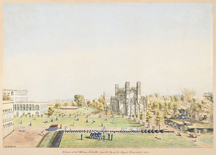 14800 Lot 68 G. S. Davie (19th century), Interior Fort of Calcutta, From the Top of the Royal Barracks, pencil and watercolour, heightened with white, 1874.JPG