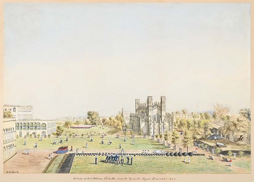 Inline Image - Lot 68: G. S. Davie (19th century), Interior Fort of Calcutta, From the Top of the Royal Barracks, pencil and watercolour, heightened with white, 1874 | Est. £3,000-5,000 (+ fees)