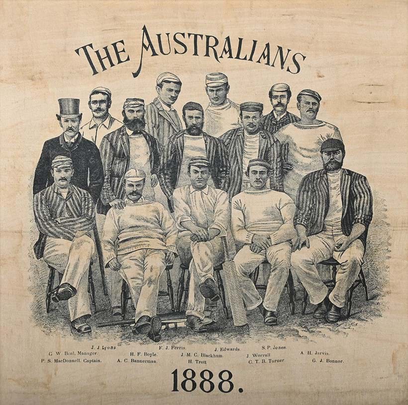 Inline Image - Lot 96: A Commemorative Silk Handkerchief, The Australians, 1888, printed silk handkerchief, 1888 | Est. £150-200 (+ fees)