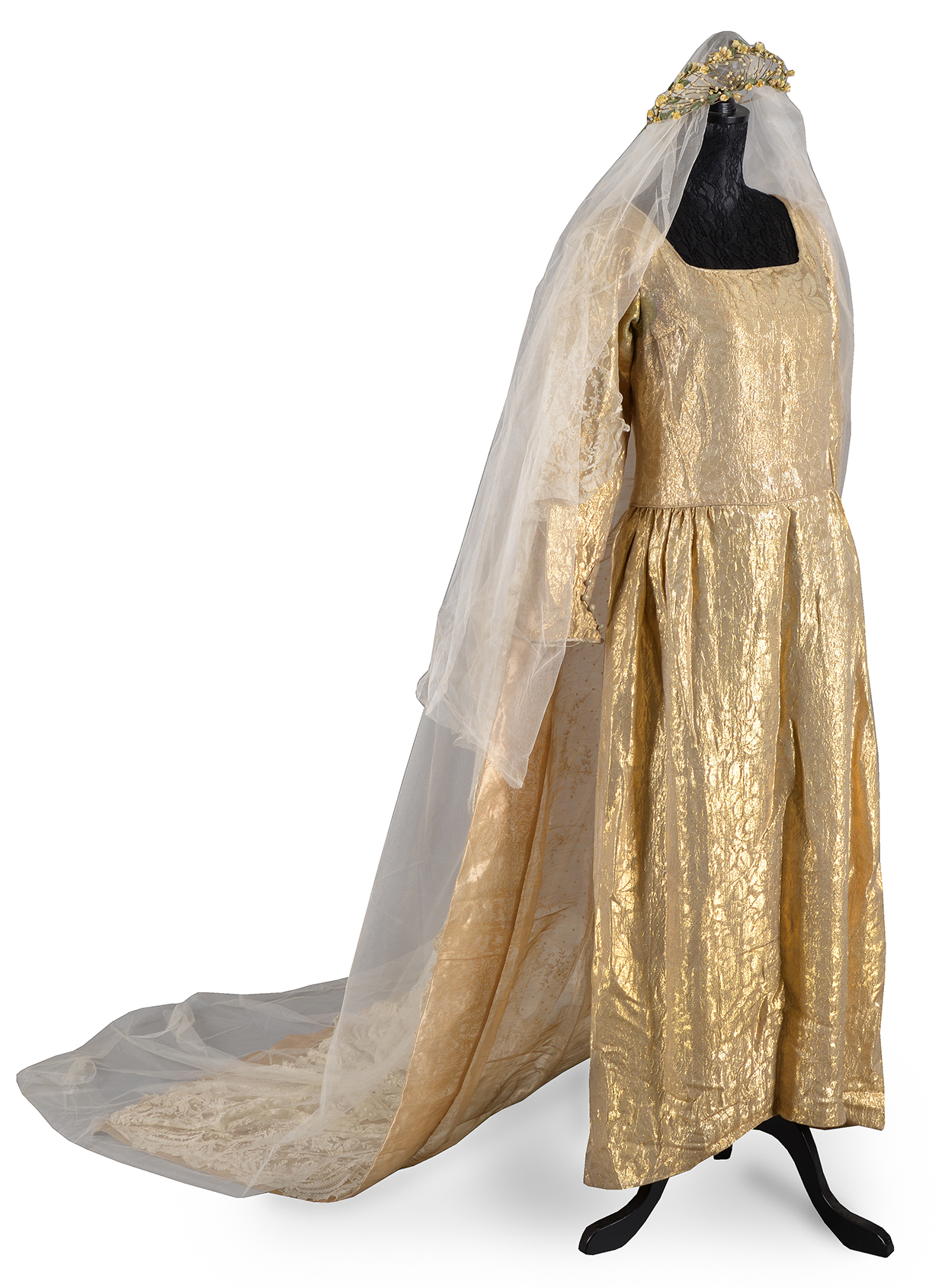 Inline Image - The Hon. Ursula Lawley's Wedding Dress, by Handley-Seymour, London, circa 1927, along with a lace overlay train, a tulle veil and heeled brocaded shoes with ankle straps