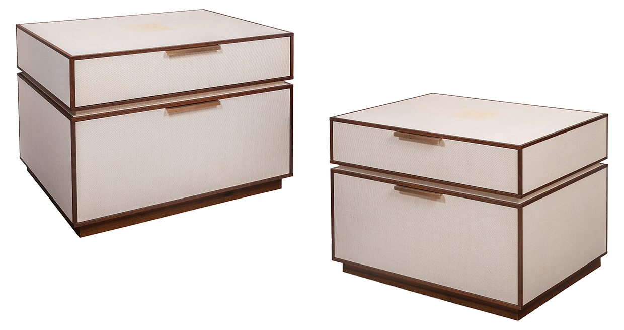 Lot 250 - A pair of white canvas and walnut edged bedside tables, modern.jpg