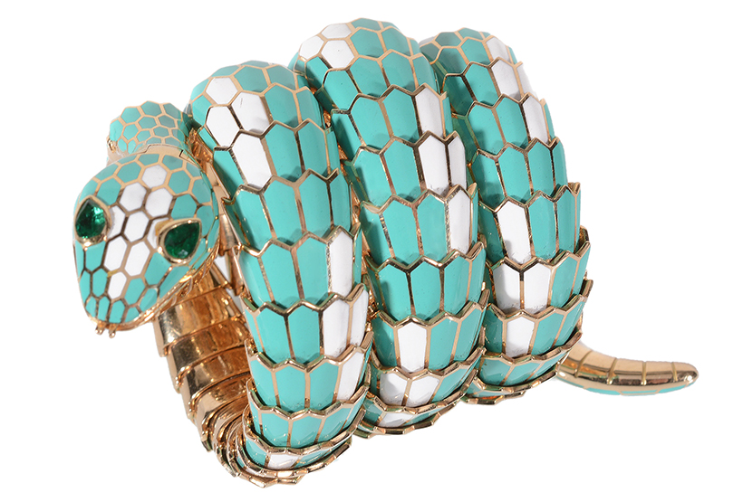 13821 Lot 722 enamel and emerald `Serpenti` bangle wristwatch by Bulgari, circa 1968 Sold for £84,320.JPG
