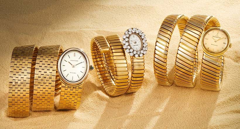Inline Image - Left-Right: Bulgari and Jaeger-Lecoultre, a brick-link 'Serpenti' bracelet watch, circa 1970s | Sold for £16,380.  Bulgari and Vacheron Constantin, a diamond set 'Tubogas Serpenti' bracelet watch, circa 1970 | Sold for £22,680. Bulgari and jaeger-lecoultre, a tricoloured 'Tubogas Serpenti' bracelet watch, circa 1970s | Sold for £12,600