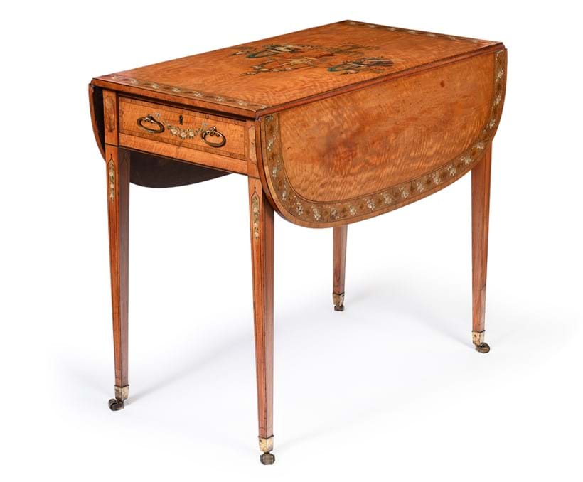 Inline Image - Lot 147: A George III satinwood, tulipwood crossbanded, polychrome painted and parcel gilt Pembroke table, circa 1790 | Est. £1,500-2,500 (+ fees)