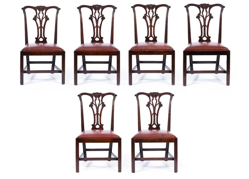 Inline Image - Lot 166: A set of six George III carved 'Red Walnut' side chairs, in the manner of Thomas Chippendale, circa 1760 | Est. £1,500-2,500 (+ fees)