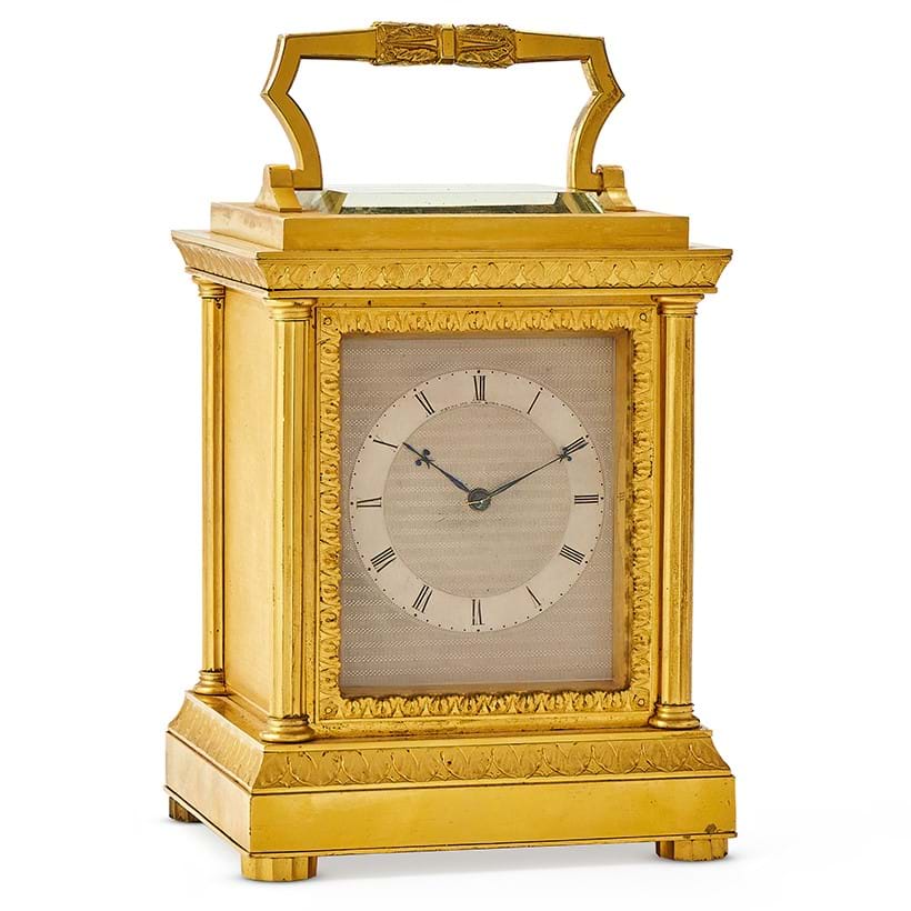 Inline Image - Lot 147: A fine and rare Victorian engine-turned gilt brass quarter-chiming carriage clock, Payne, London, mid 19th century | Est. £6,000-8,000 (+ fees)
