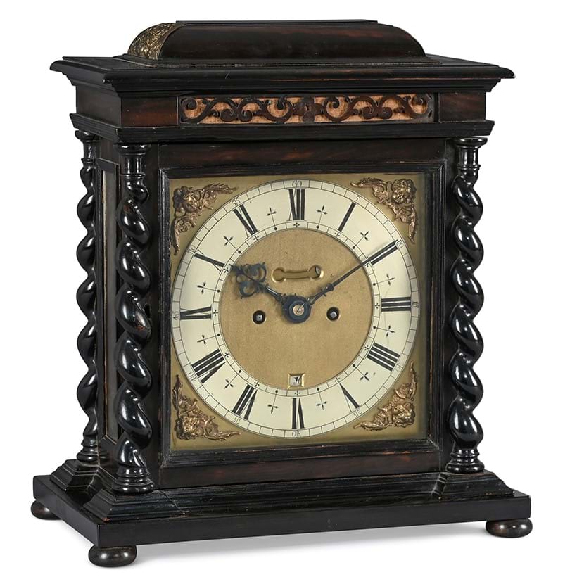 Inline Image - Y Lot 286: A fine and rare Charles II ebony veneered turntable clock, John Ebsworth, London, circa 1680 | Est. £15,000-20,000 (+ fees)