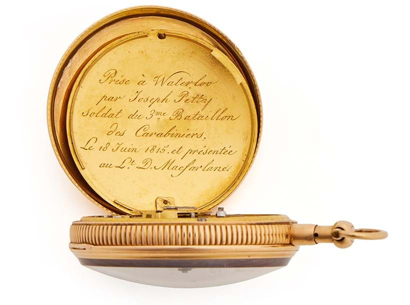 Inline Image - Lot 103: A French 18ct gold quarter-repeating watch inscribed as being a prize from the Battle of Waterloo, Lebaute Cadet, Nancy, circa 1815 | Est. £2,000-3,000 (+ fees)