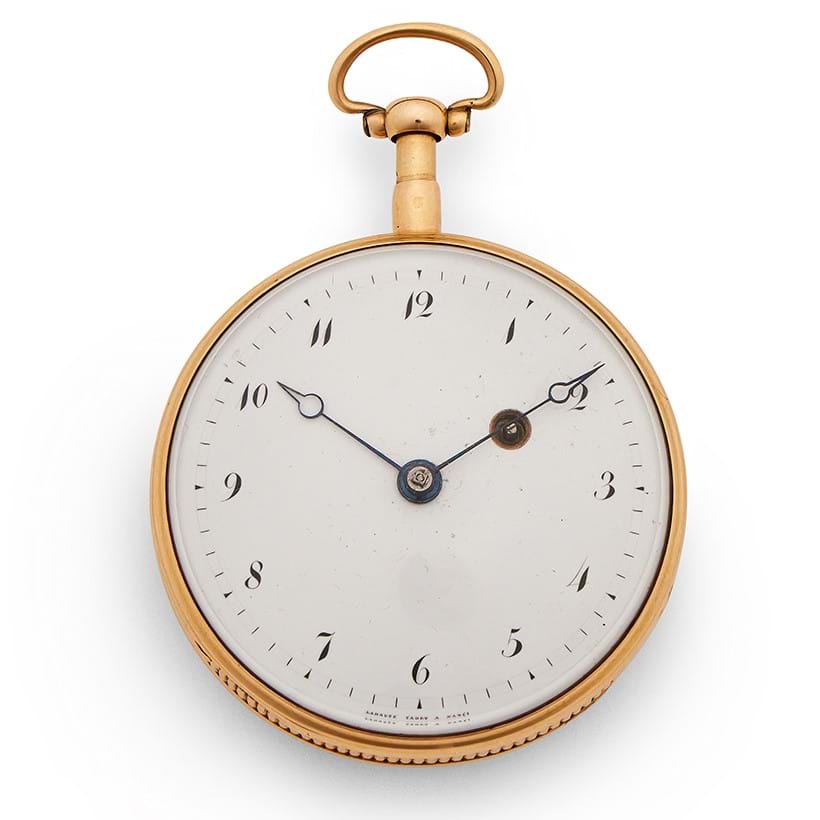 Inline Image - Lot 103: A French 18ct gold quarter-repeating watch inscribed as being a prize from the Battle of Waterloo, Lebaute Cadet, Nancy, circa 1815 | Est. £2,000-3,000 (+ fees)