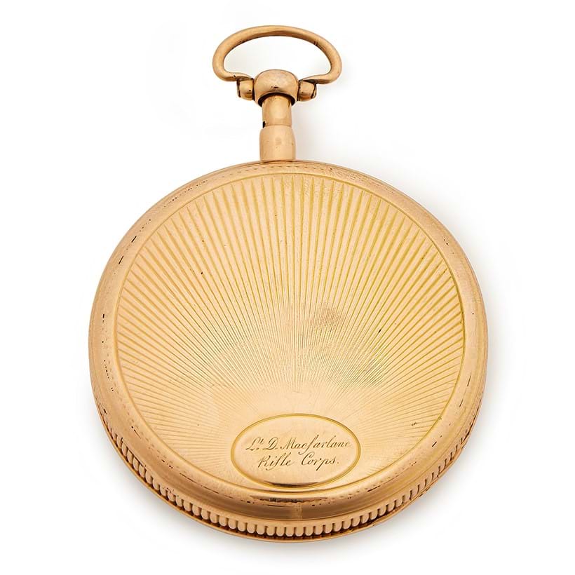 Inline Image - Lot 103: A French 18ct gold quarter-repeating watch inscribed as being a prize from the Battle of Waterloo, Lebaute Cadet, Nancy, circa 1815 | Est. £2,000-3,000 (+ fees)