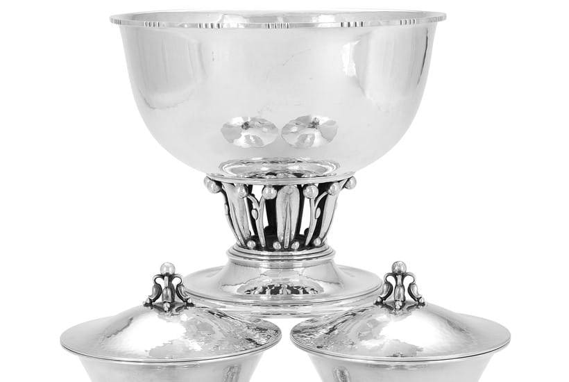 Inline Image - Top, lot 232, Danish silver Louvre bowl, post 1945, 
designed by Georg Jensen; est. £1,000-1,500 (+fees). Lot 235, partly showing, a pair of Danish silver comports and covers, post 1945, designed by Johan Rohde; est. £800-1,200 (+fees)
