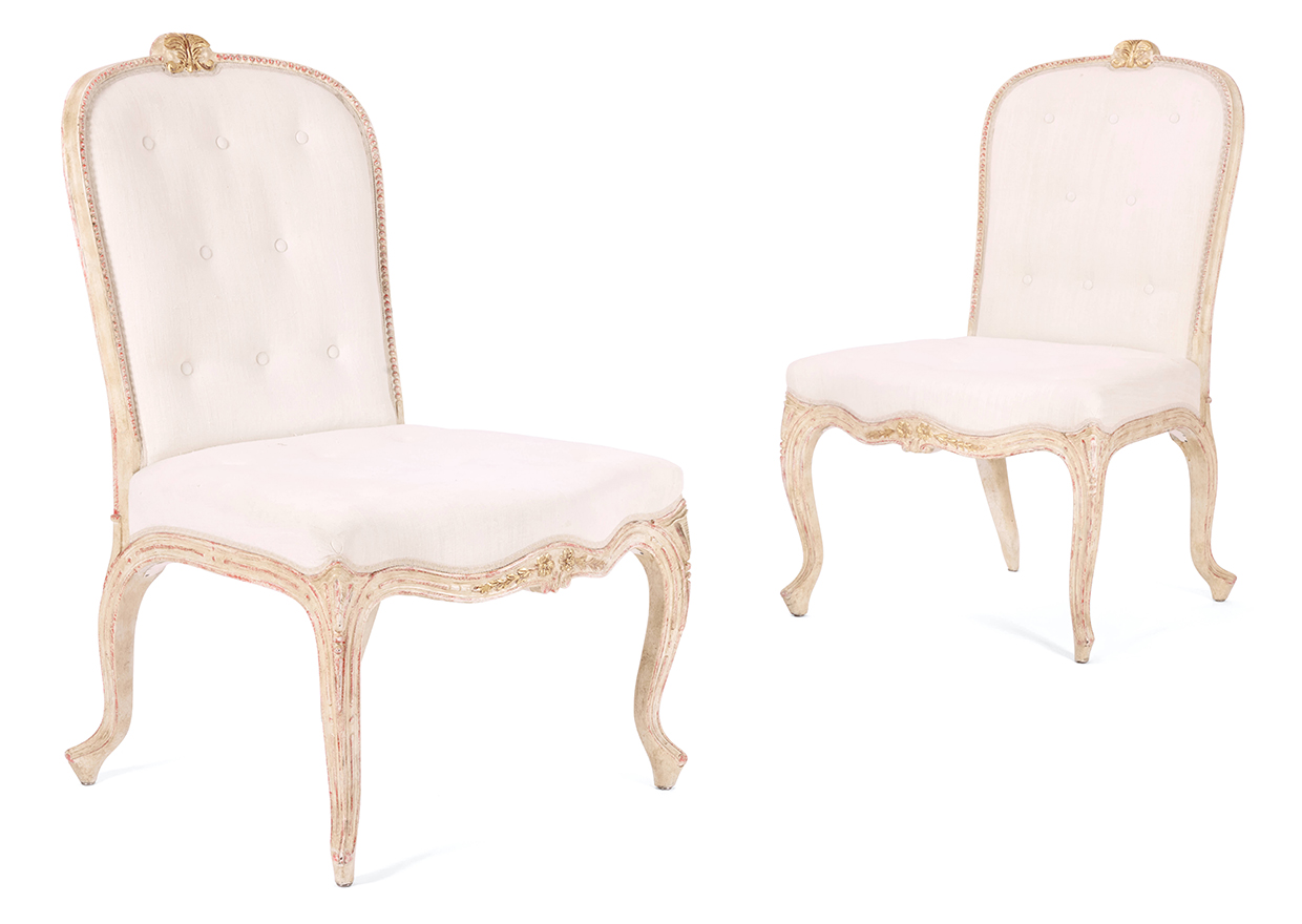 Lot 38 - A PAIR OF PARCEL GILT, CREAM AND RED PAINTED SIDE CHAIRS IN THE GEORGE III STYLE LATE 20TH CENTURY.jpg