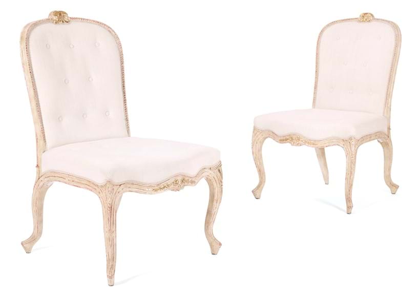 Inline Image - Lot 38: A pair of parcel gilt, cream and red painted side chairs in the George III style late 20th century | Sold for £4,445