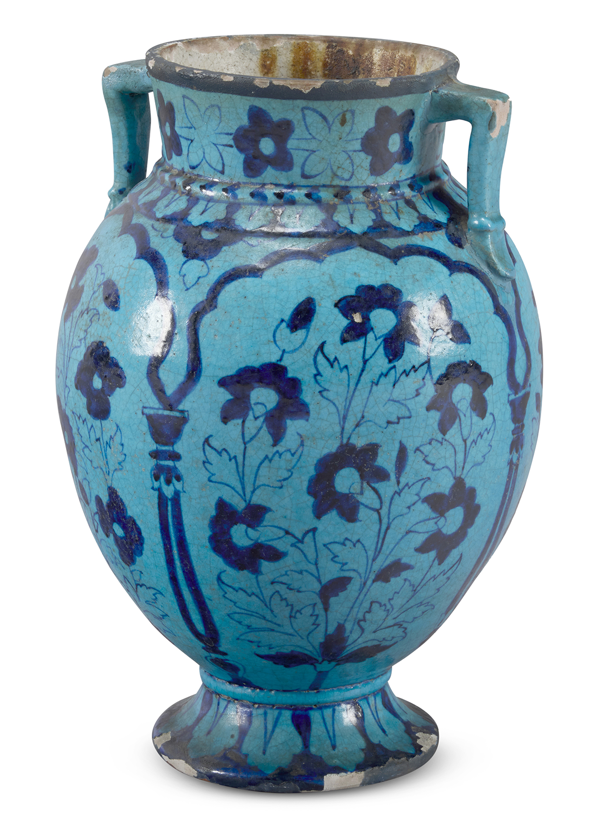 Inline Image - Lot 125: A terracotta blue glazed two handled urn in the Kashan style probably from The Bombay School of Art, circa 1880 | Sold for £3,810