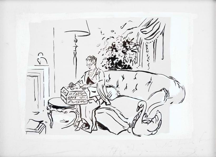 Inline Image - Cecil Beaton (British 1904-1980), 'Syrie Maugham at Work', Pencil, black ink, heightened with white | Est. £300-500 (+ fees)