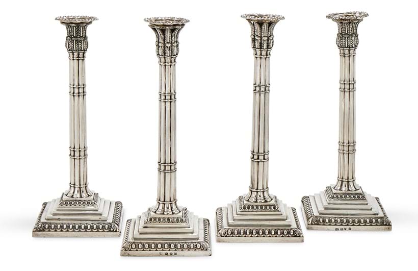 Inline Image - Lot 118: Two matched pairs of George III silver 'tea' candlesticks, one pair by John Carter, London 1771, the other by George Ashforth & Co., Sheffield 1775 | Sold for £8,890