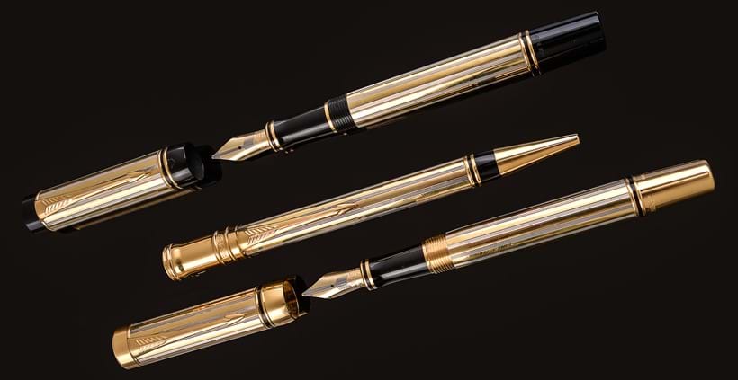 Inline Image - Top, Parker, Duofold International Model A, prototype two tone fountain pen; est. £200-300 (+fees) | bottom, Parker, Duofold International Model B, a prototype two tone fountain pen and ballpoint pen;  est. £300-500 (+fees)