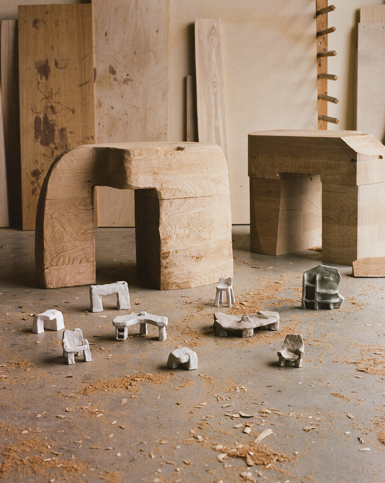 Inline Image - Maquettes and carved oak works in progress. Faye Toogood, Assemblage 7: Lost and Found | Image by Genevieve Lutkin