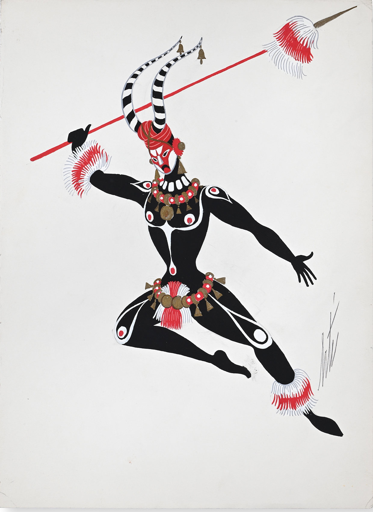 Inline Image - Lot 228: Erté (French, 1892-1990), 'Flying Colours: African Ballet' drawing, 1967, gouache | Est. £400-600 (+ fees)