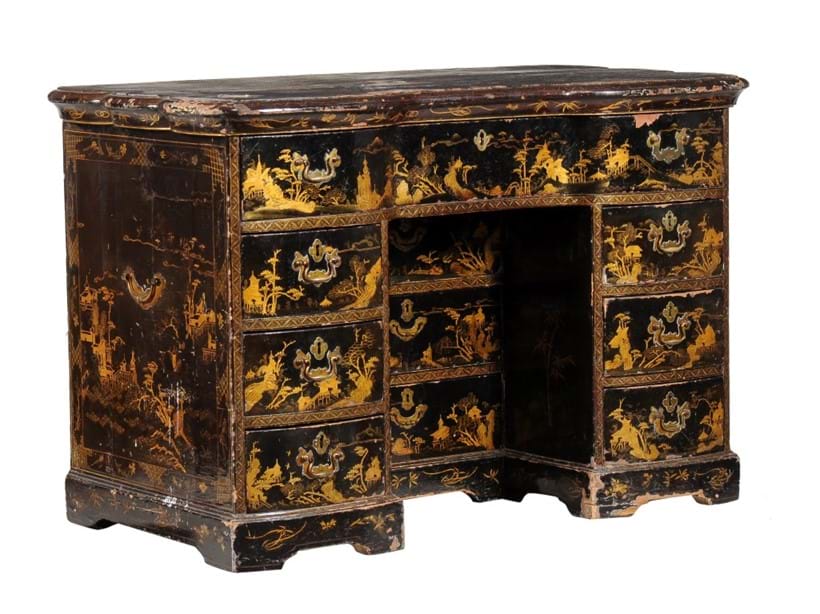 Inline Image - Lot 46, a black lacquered and parcel-gilt papier-mâché kneehole desk, 19th century, Provenance: Kingstone Lisle Park; est. £400-600 (+fees)