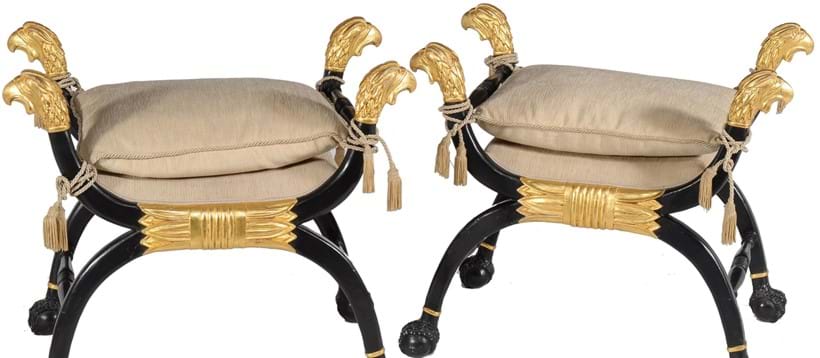 Inline Image - Lot 60, a pair of ebonised and parcel-gilt x-frame stools, 
in Regency style, 20th century, Provenance: A Cheyne Walk Property; est. £500-700 (+fees)