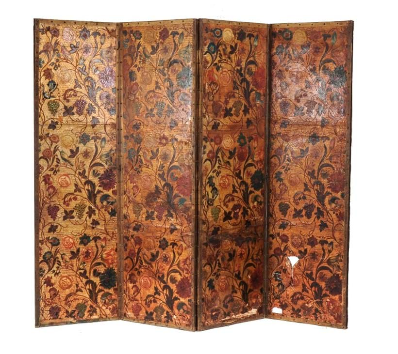 Inline Image - Lot 42, an embossed leather four fold screen, 17th century, Provenance: Kingstone Lisle Park; est. £400-600 (+fees)