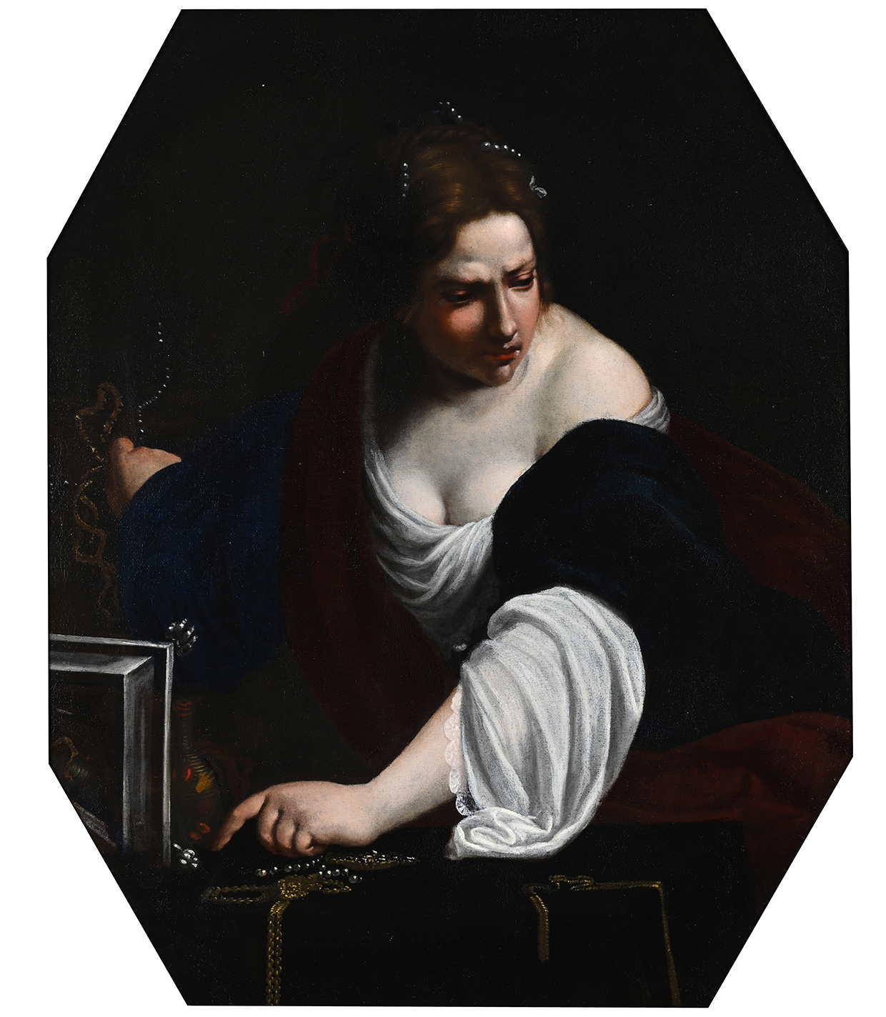 Inline Image - Lot 1: Francesco Furini (Italian 1604-1646), 'Mary Magdalen Renouncing Worldly Vanity', Oil on canvas, octagonal | Est. £10,000-15,000 (+ fees)