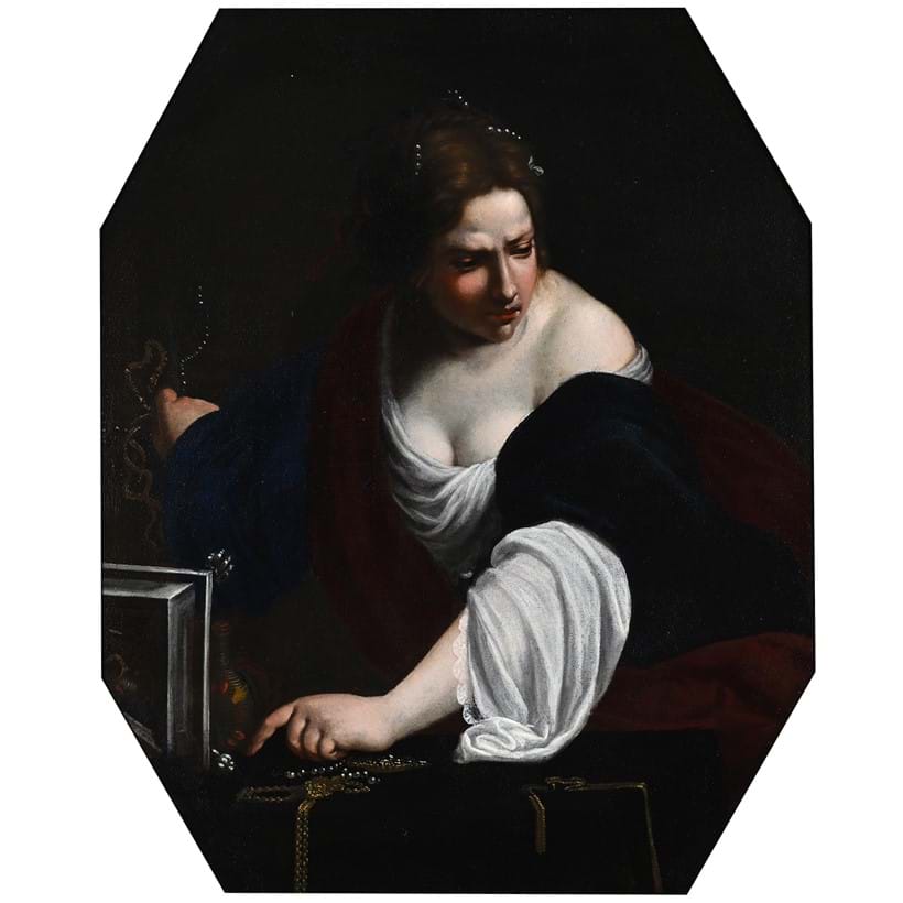 Inline Image - Lot 1: Francesco Furini (Italian 1604-1646), 'Mary Magdalen Renouncing Worldly Vanity', Oil on canvas, octagonal | Est. £10,000-15,000 (+ fees)