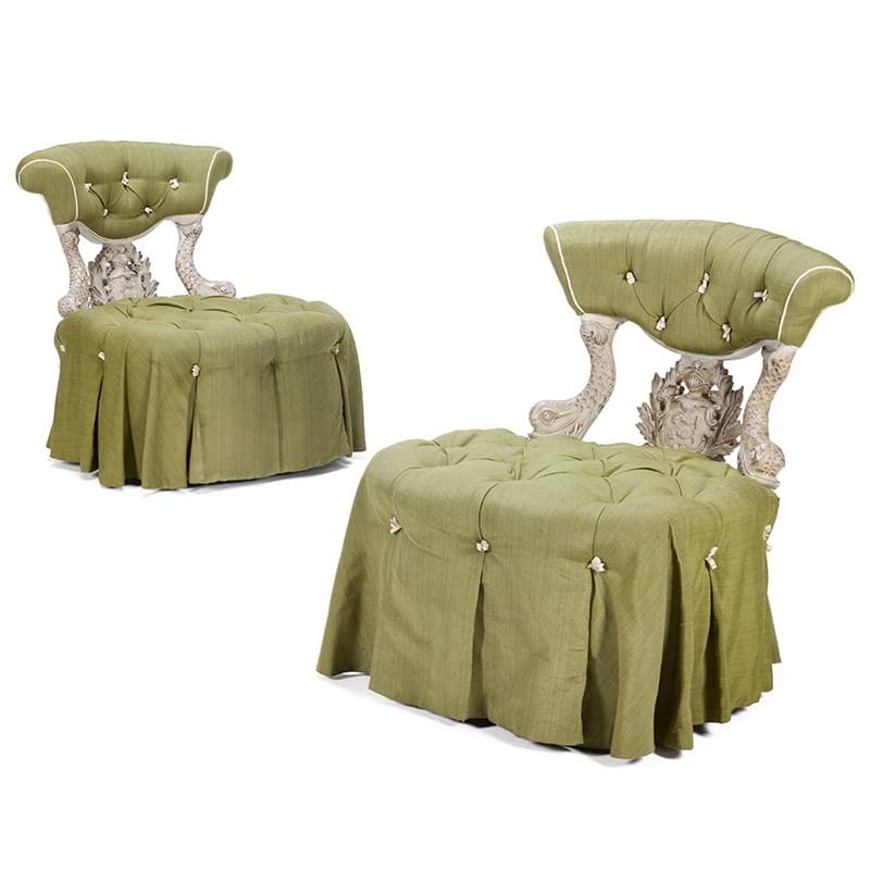 Syrie Maugham (British, 1879-1955), a pair of grey painted and upholstered 'dolphin' chairs, circa 1930