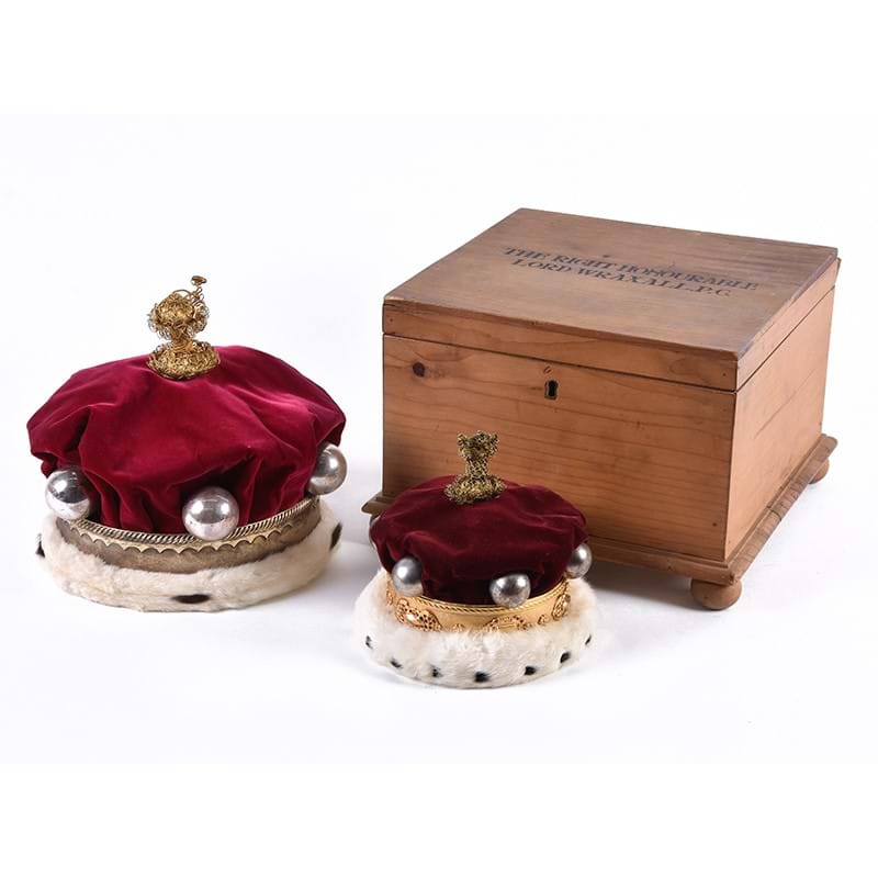 The coronation coronets and robes of a baron and baroness